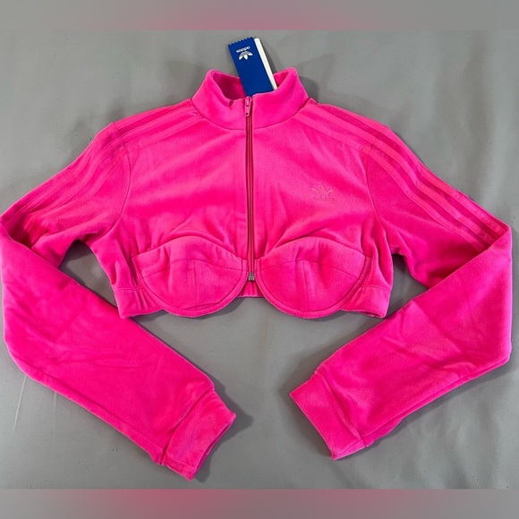 Adidas X Jeremy Scott‎ cropped Velour Track Jacket Neon Pink Sz Medium - Picture 6 of 14